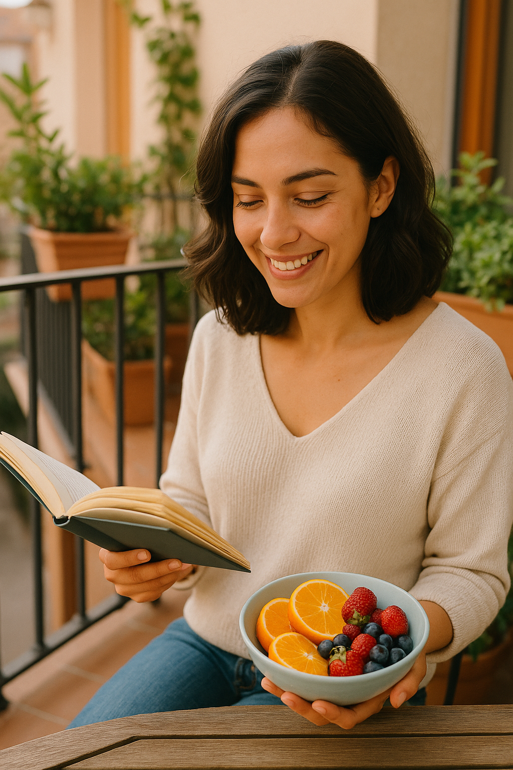 Guía disfrutando de frutas frescas en un balcón